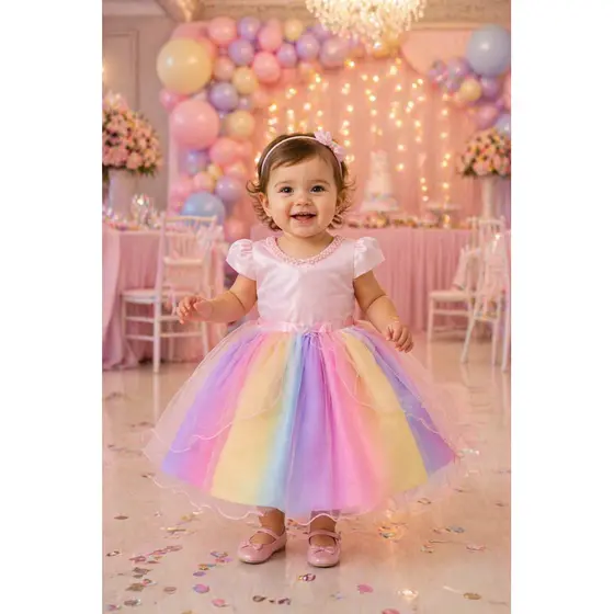 Vestido infantil saia colorida unicórnio chuva de amor aniversário de 1 ano festa bebê