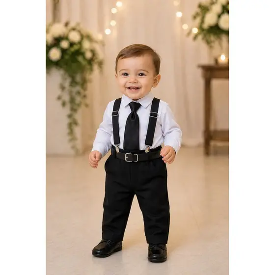 Conjunto Social Infantil Menino Batizado Casamento Pajem Luxo com Suspensório e Gravata 1 a 3 anos