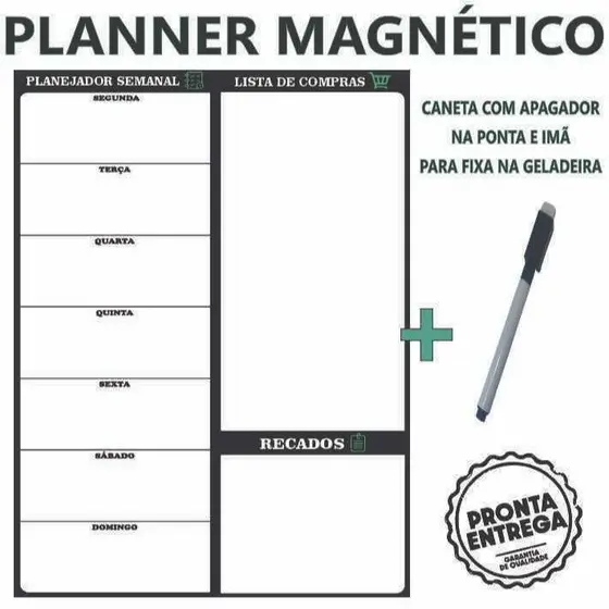 Imã de Geladeira Planner Semanal com Caneta Escreve e Apaga Planer
