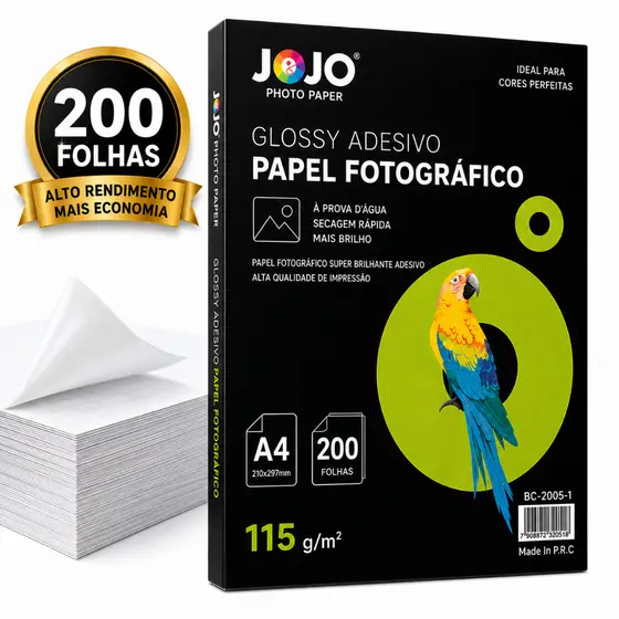 Papel Fotográfico A4 Glossy 115g 200 Folhas Super Brilhante JOJO