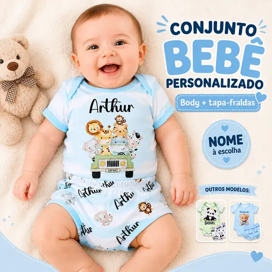 Conjunto Bebê Menino Personalizado com Nome Body + Tapa Fraldas Vários Modelos