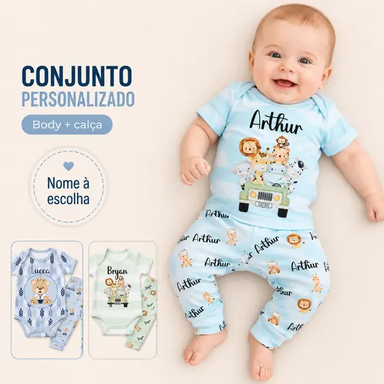 Conjunto Bebê Personalizado com Nome Body e Calça Mijão Várias Estampas menino