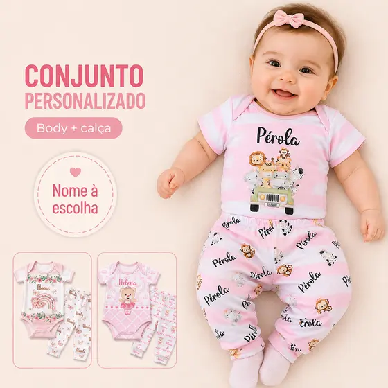 Conjunto Body Bebê Menina Personalizado com Nome + Calça Mijão Várias Estampas