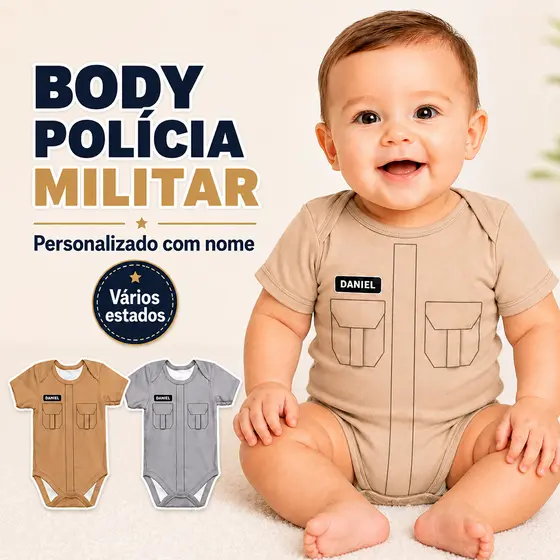 Body Bebê Polícia Militar Personalizado com Nome Vários Estados Profissão Mesversário