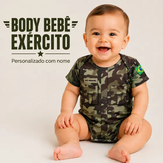 Body Bebê Exército Brasileiro Personalizado com Nome Militar Camuflado