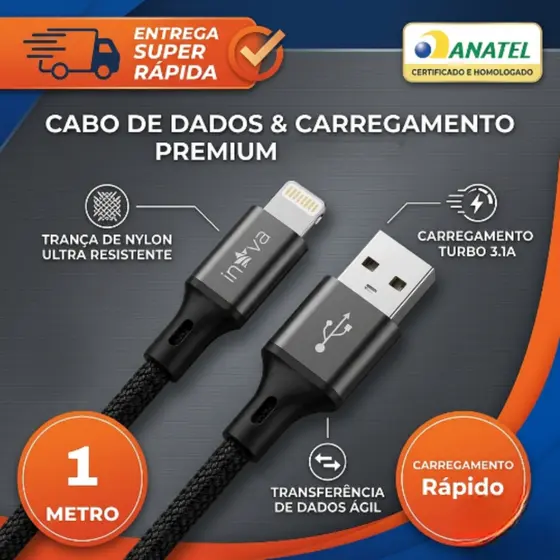 Cabo USB Tipo Lightning Reforçado 1 Metro Carregamento Rápido Turbo  IOS Compatível iPhones