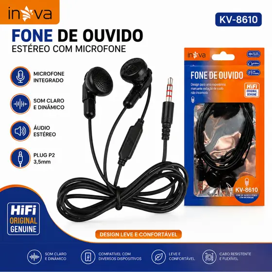Fone De Ouvido 3,5mm KV-8610 Com Fio e Microfone Para Telefones Celulares Tablet PC