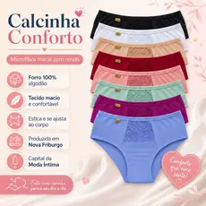 Kit c/ 5 Calcinha Cintura Alta Forro 100% algodão C/ Renda ConfortoTanga Cós Alto Segura Barriga