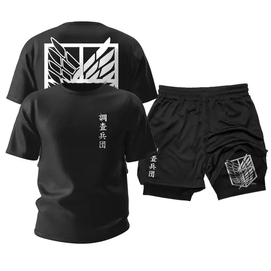 Camiseta e Short 2 em 1 Attack On Titan Kit Top Lançamento Short Duplo Dry Fit