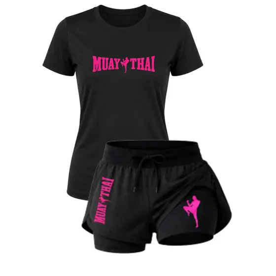 Kit Camiseta Feminina DRY FIT Muay Thay + Short Dry Fit 2 em 1 Compressão C/ Bolso Secreto