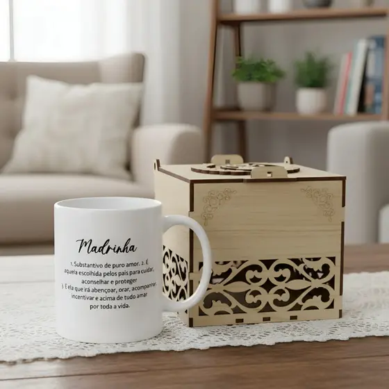 Kit Caneca Padrinhos Batizado com Caixa Lembrancinha Convite Dinda Dinda Batismo Madrinha e Padrinho