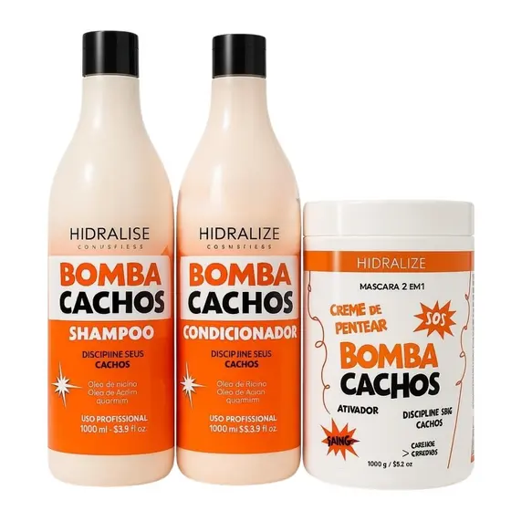 Kit Bomba Cachos Hidralise 3 Itens – Shampoo 1L + Condicionador 1L + Máscara 2 em 1 - Hidralise