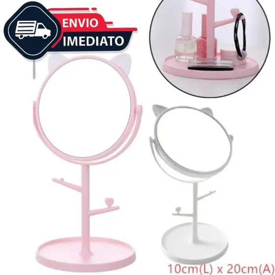 Mini Espelho Mesa Gato Penteadeira Porta Bijuteria Gatinha Maquiagem