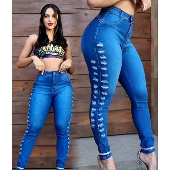 calca fem studio jeans premium corte lateral delave