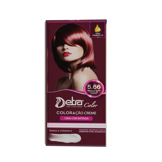 Coloração creme Detra Hair Cosmeticos Kit color 5.66 Castanho Claro Vermelho intenso especial 50gr
