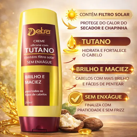 Creme de Pentear Tutano e Manteiga de Karité 250ml Sem Enxague Proteção Térmica Detra Hair