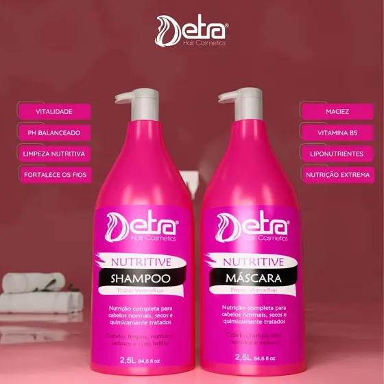 Kit Frutas Vermelhas Nutri E Repara Danos em 15 minutos Shampoo e Mascara 2,5 L Detra hair cosmetico