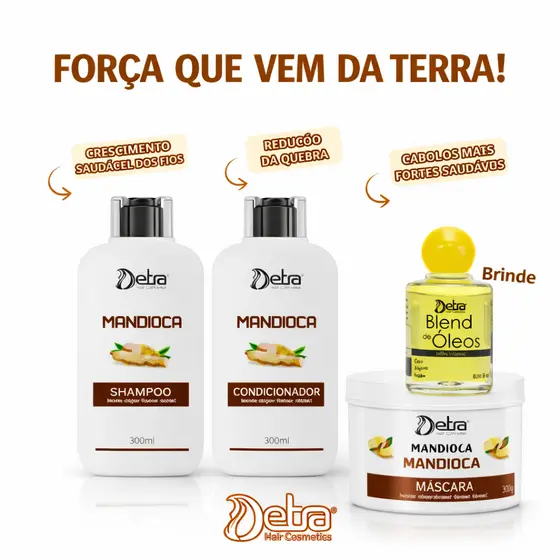 Kit Mandioca Shampoo Condicionador e Máscara 300g Detra Hair Hidratação e Reconstrução Capilar
