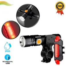 Kit com Mini Lanterna + Suporte de Guidão + Lanterna Traseira para Bike - Kit de Acessórios de Iluminação para Bicicleta