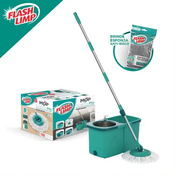 Mop Giratorio Pro Esfregao Balde 360o + Esponja Poliester Para Limpeza Domestica Flash Limp