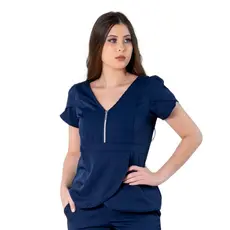 Blusa Scrub Transpassada Decote Em V Uniforme Feminino Azul Marinho
