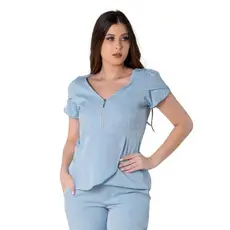 Blusa Scrub Transpassada Decote Em V Uniforme Feminino Azul Claro