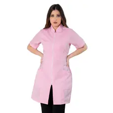 Jaleco Feminino Acinturado Básico Gola Padre Oxford Manga Curta Com Zíper Rosa Claro
