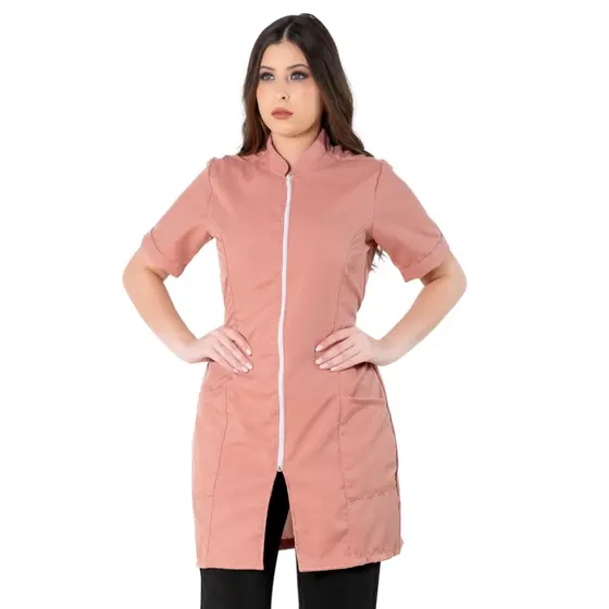 Jaleco Feminino Acinturado Básico Gola Padre Oxford Manga Curta Com Zíper Rosê
