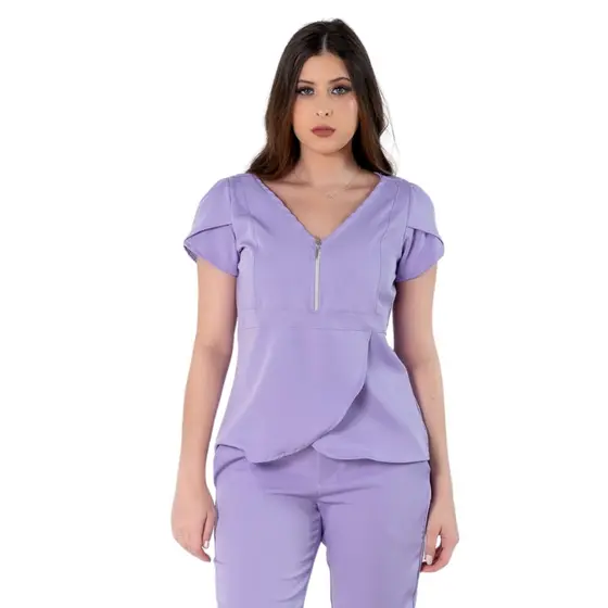 Blusa Scrub Transpassada Decote Em V Uniforme Feminino Lilás
