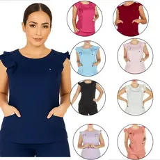 Blusa Scrub Feminina Babados Two Way Com Elastano Uniforme Saúde Secretária Secretária Varias Cores