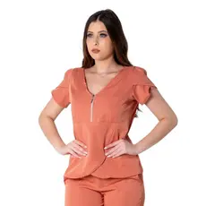 Blusa Scrub Transpassada Decote Em V Uniforme Feminino Rosê
