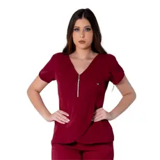Blusa Scrub Transpassada Decote Em V Uniforme Feminino Marsala