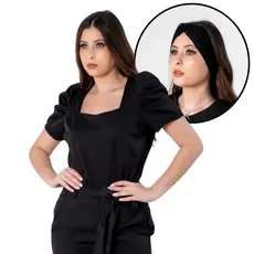 Kit Blusa Uniforme Scrub Princesa Manga Bufante + Turbante Faixa Para Cabelo