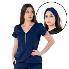 Kit Blusa Uniforme Scrub Transpassada Decote em V + Turbante Faixa de Cabelo