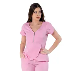 Blusa Scrub Transpassada Decote Em V Uniforme Feminino Rosa Claro