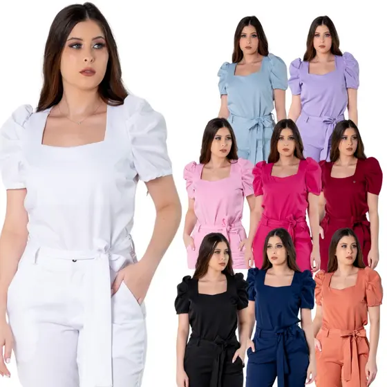 Conjunto Feminino Scrub Acinturado Manga Princesa Tecido Two Way Gabardine Com Elastano Várias Cores