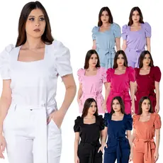 Conjunto Feminino Scrub Acinturado Manga Princesa Tecido Two Way Gabardine Com Elastano Várias Cores