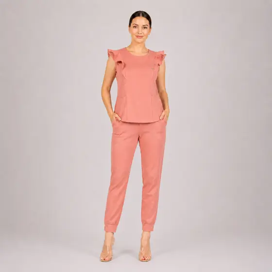 Conjunto Scrub Babados Nude Manga Curta Rosa Queimado Conforto Elegante
