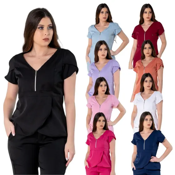 Blusa Scrub Transpassada Decote em V Uniforme Feminino Secretária Assistente Varias Cores