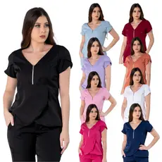Blusa Scrub Transpassada Decote em V Uniforme Feminino Secretária Assistente Varias Cores