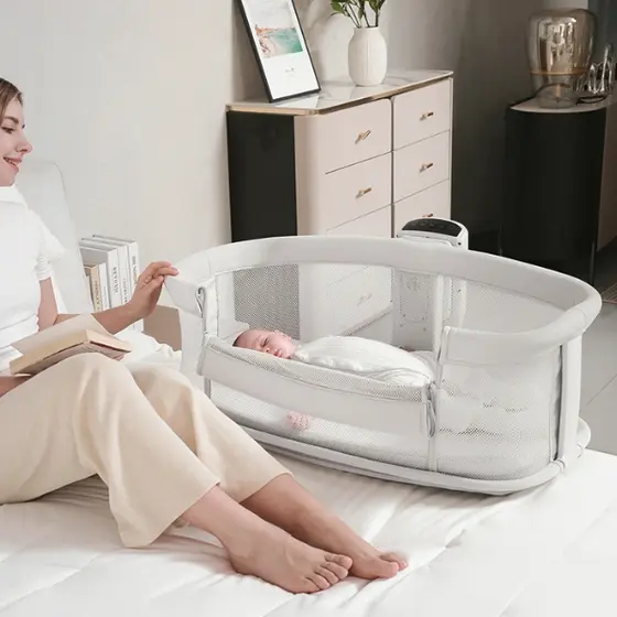 Berço Portátil Bebê 4 Alturas Balanço Automático Tela Respirável Mosquiteiro e Lateral Rebaixável Cinza Mastela