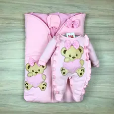 Saída maternidade menina bordado ursa coração com saco de dormir