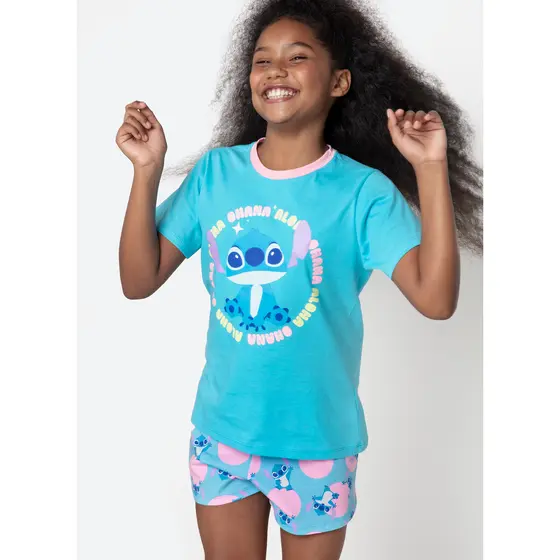 Pijama Shorts Doll Algodão Menina Teen 8 A 14 Stitch Puket