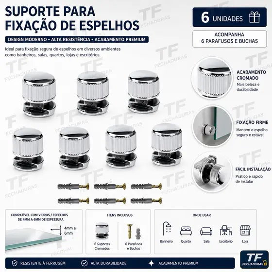 6 Unidades Botão Francês Para Espelho Abs (suporte para espelhos)  Incluso Buchas e Parafusos-Fácil Instalação