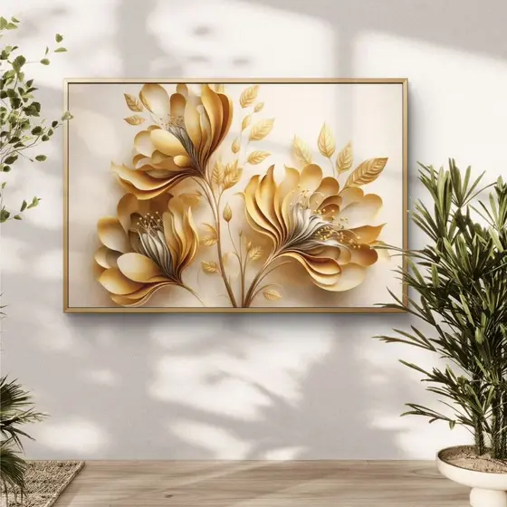 Quadro Decorativo 110x80Cm Flor Dourada Fundo Branco Casa Sala Quarto Decoração Parede