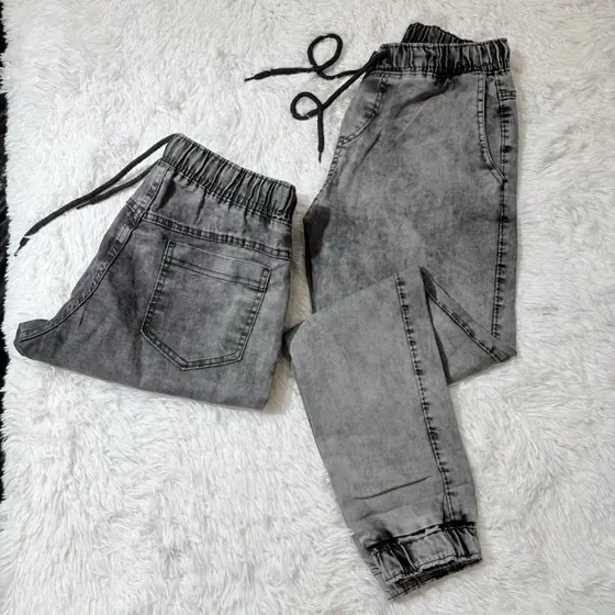 Calças Jogger Jeans Sarja Masculina Com Punho Cós Elástico