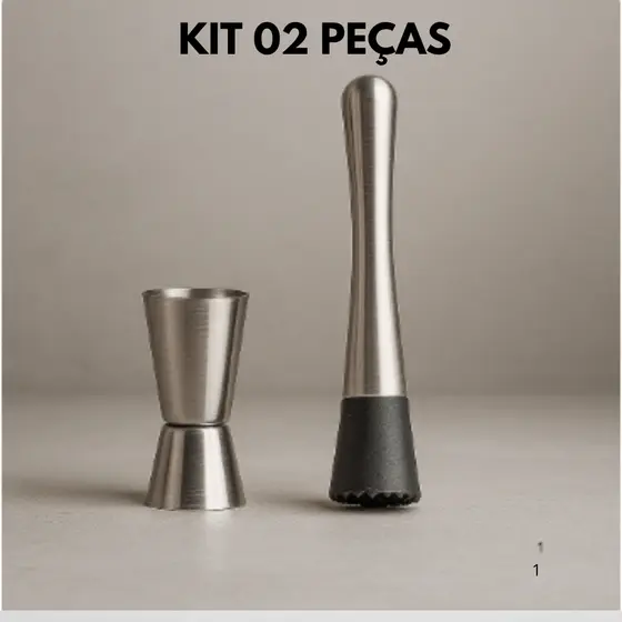 Kit Socador e Dosador Duplo de Caipirinha em Inox Macerador Drinks Coqueteis Bebidas Bar Restaurante