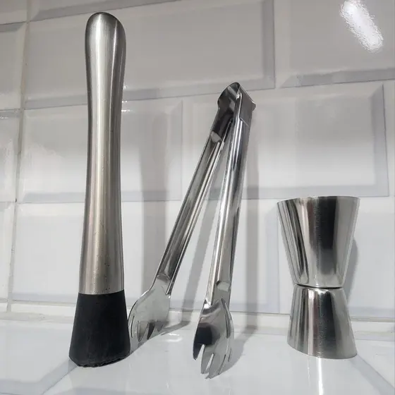 Kit Socador - Macerador Dosador Duplo de Caipirinha Pegador de Gelo Inox Drinks Coqueteis Bebidas Bar
