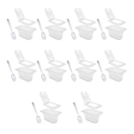 Kit 10 Cubas Gastronômicas GN 1/9 x 100mm 900ml - Completa com Tampa e Colher - Policarbonato