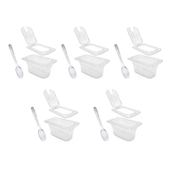 Kit 5 Cubas Gastronômicas GN 1/9 x 100mm 900ml - Completa com Tampa e Colher - Policarbonato